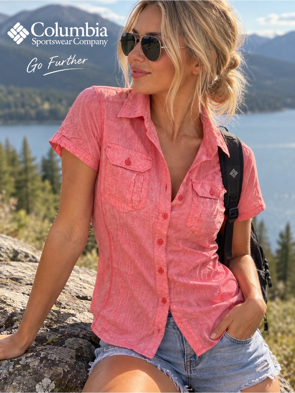 Columbia | Coral Pink | Medium | Short-Sleeve | Button Front Shirt | 100% Cotton